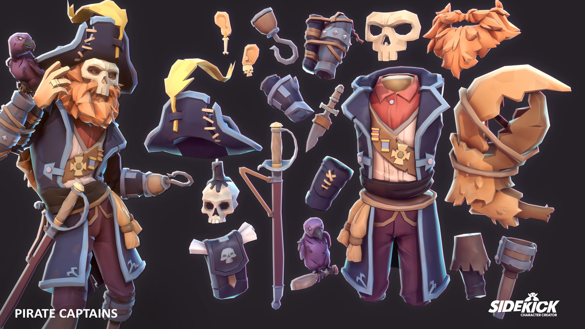 3D pirate captain character with various accessories on a dark background