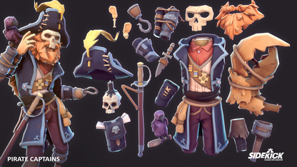 3D pirate captain character with various accessories on a dark background