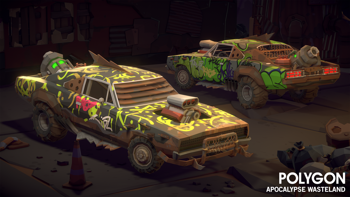 Two apocalyptic kitted classic cars parked in a makeshift garage