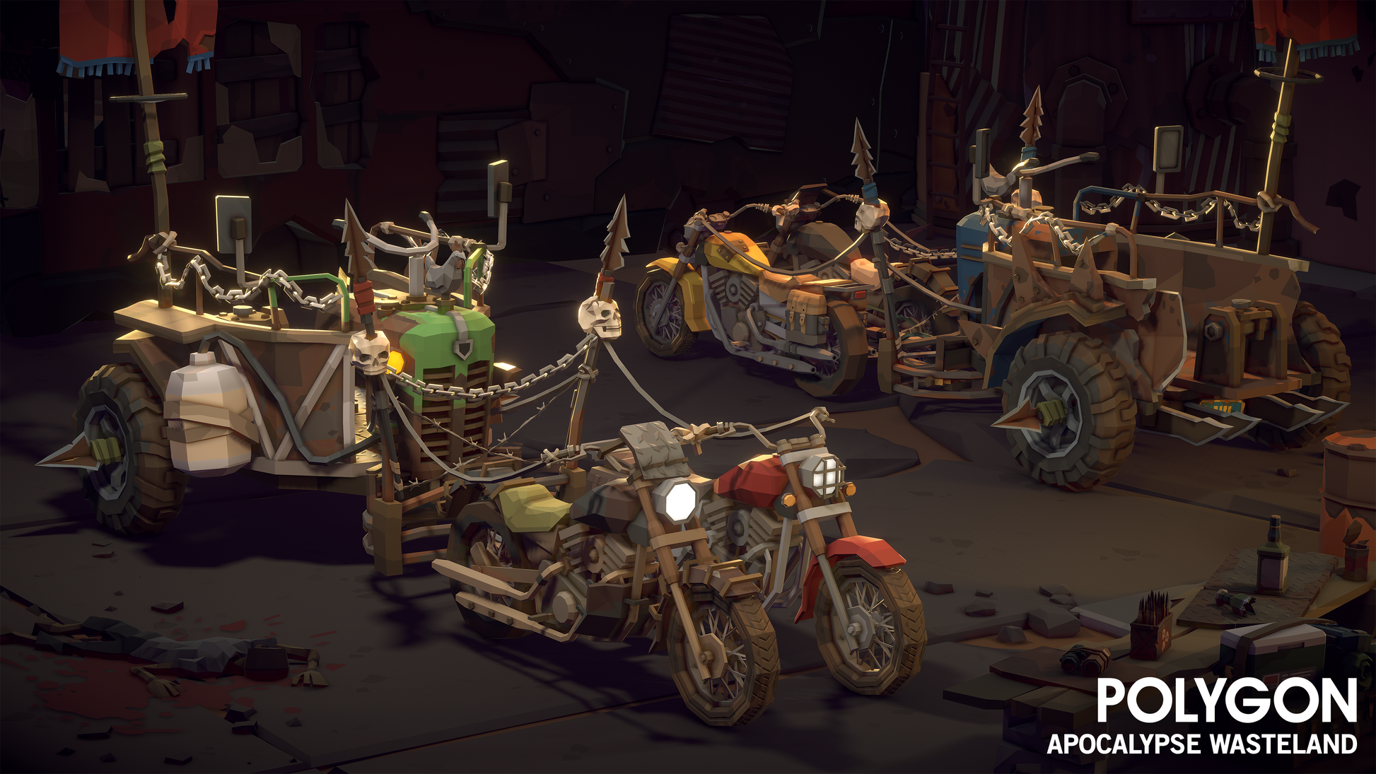 Two apocalyptic motorbikes with scavanged trailers attached to them parked in a garage