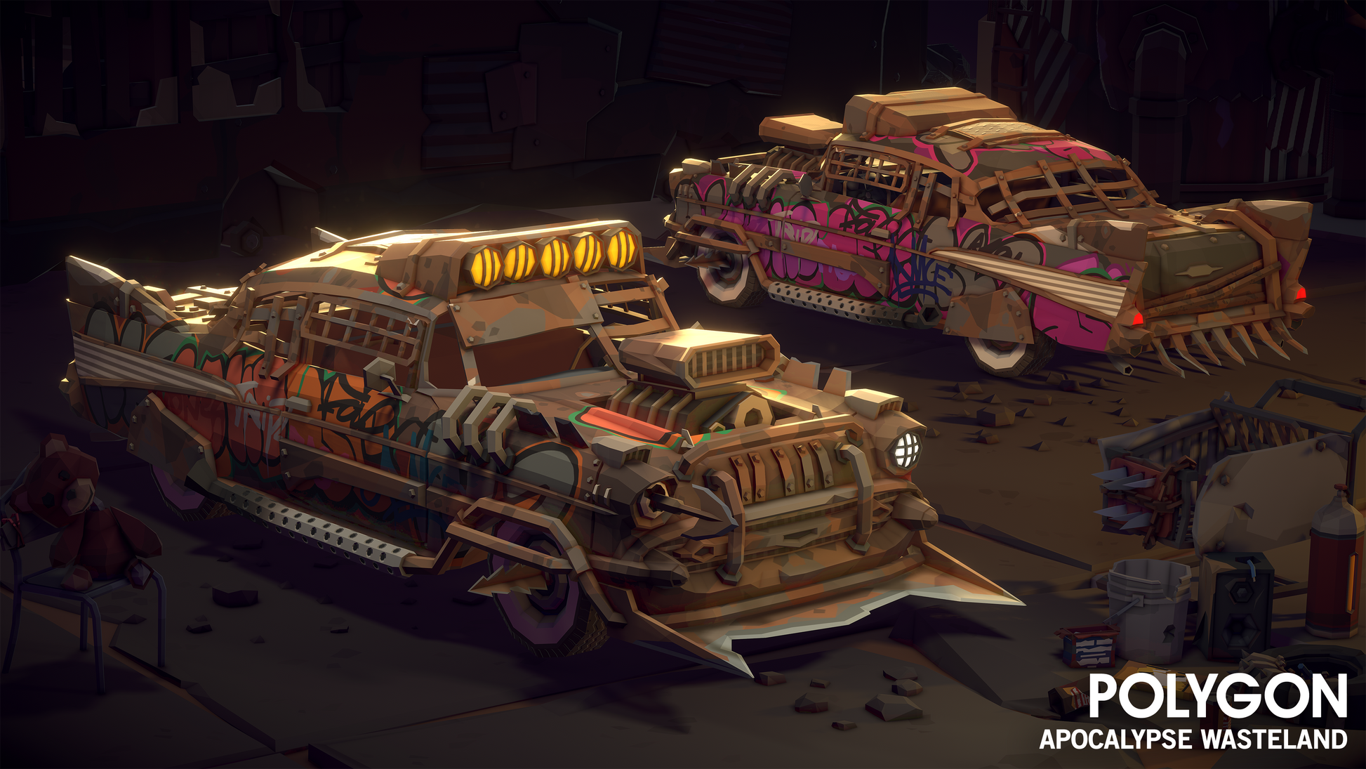 Two apocalyptic muscle cars covered in graffit and held together with scavanged steel parts