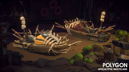 Two apocalyptic jetski's covered in bones, skulls and wood tied together docked in a small garage