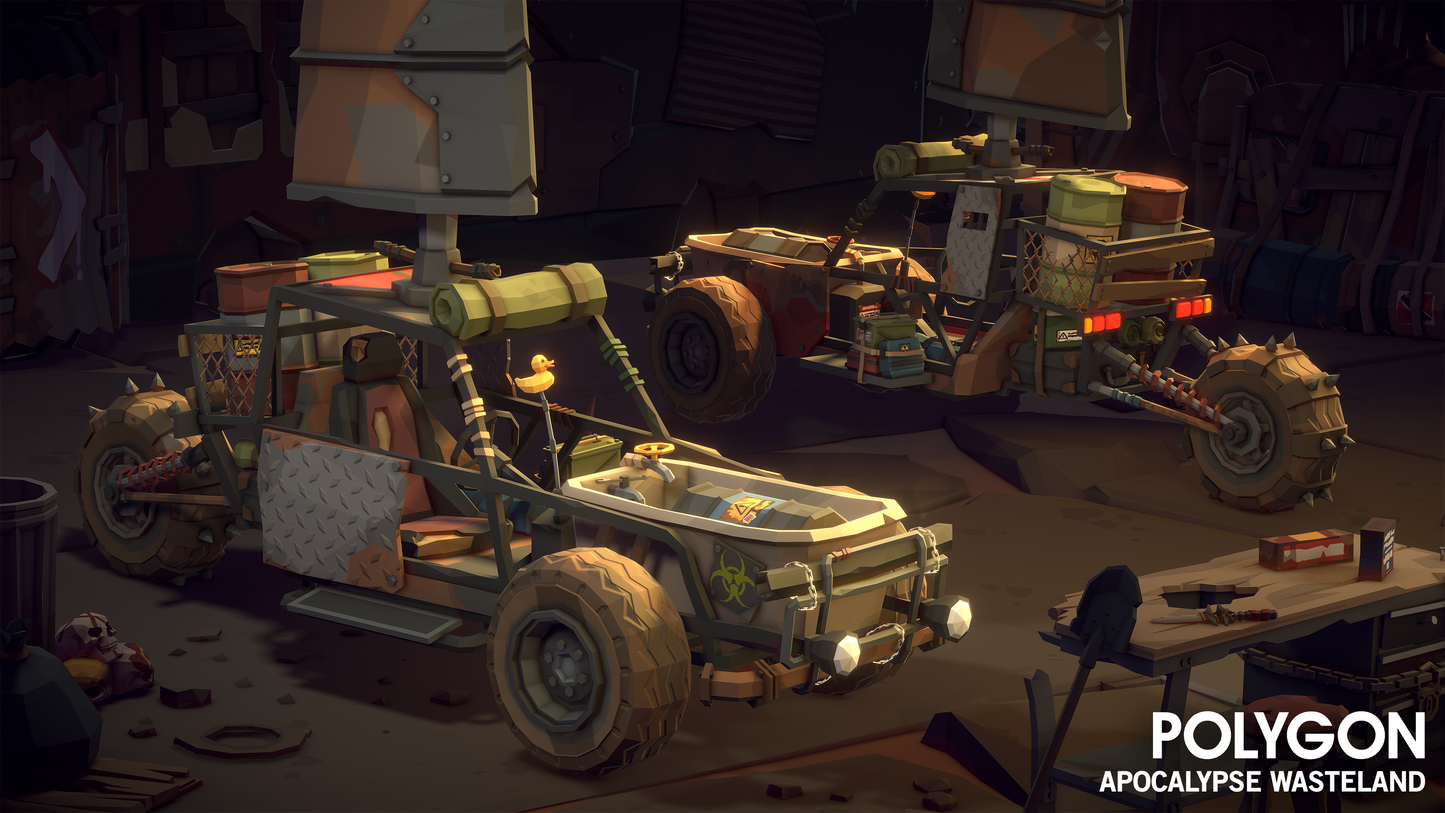 Two apocalyptic vehicles kitted out with windsails from plane wings and other broken and scavanged pieces of steel