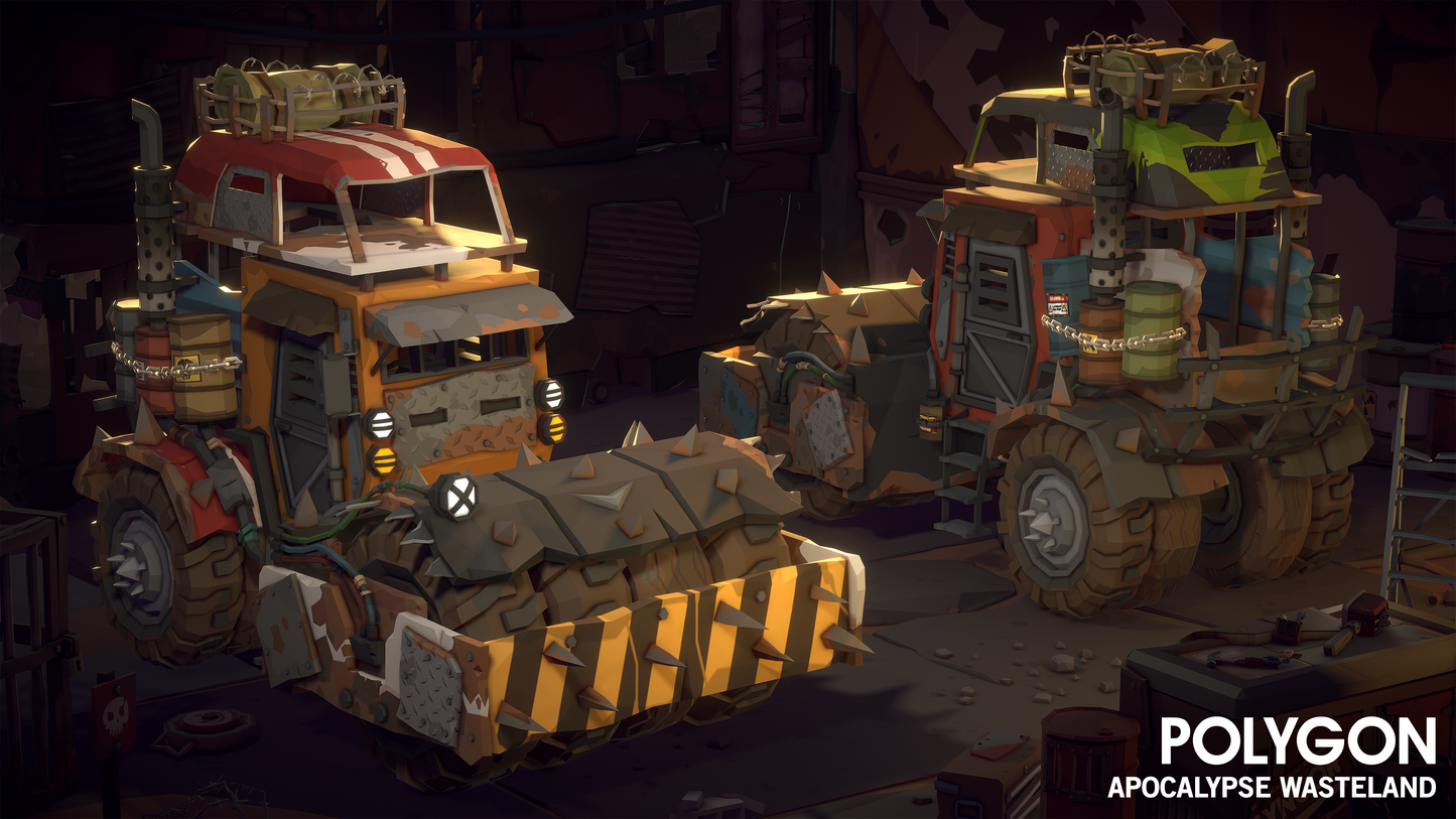 Two apocalyptic truck rollers covered in sharp spikes, chains, barrels and other scrap