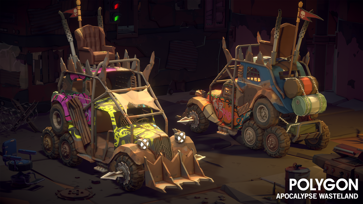 Two apocalyptic beach buggies made from various steel scrap and engine parts parked in a garage
