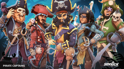 Five pirate captains in colorful costumes on a blue background