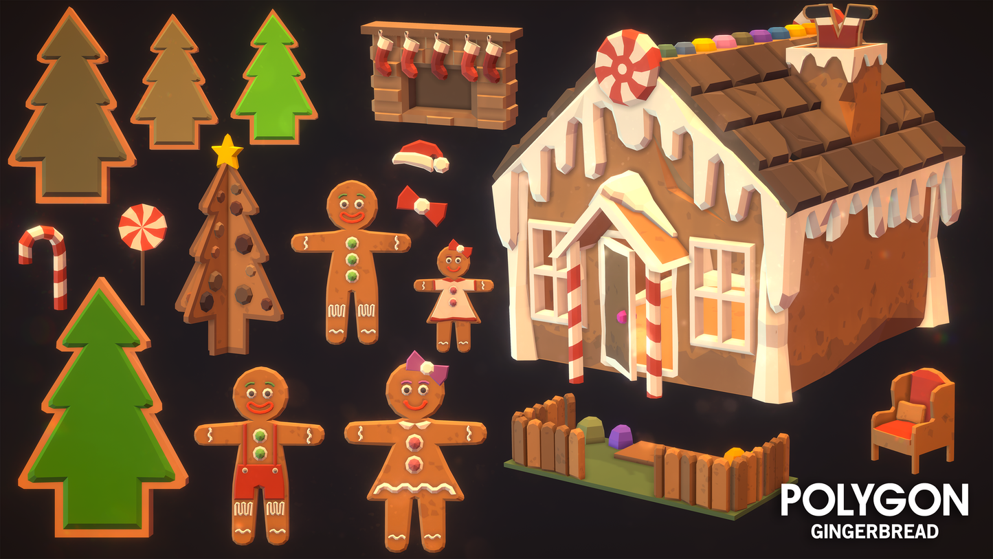 POLYGON Gingerbread icons - assets included in the pack. gingerbread men, house, trees, fence, fireplace.
