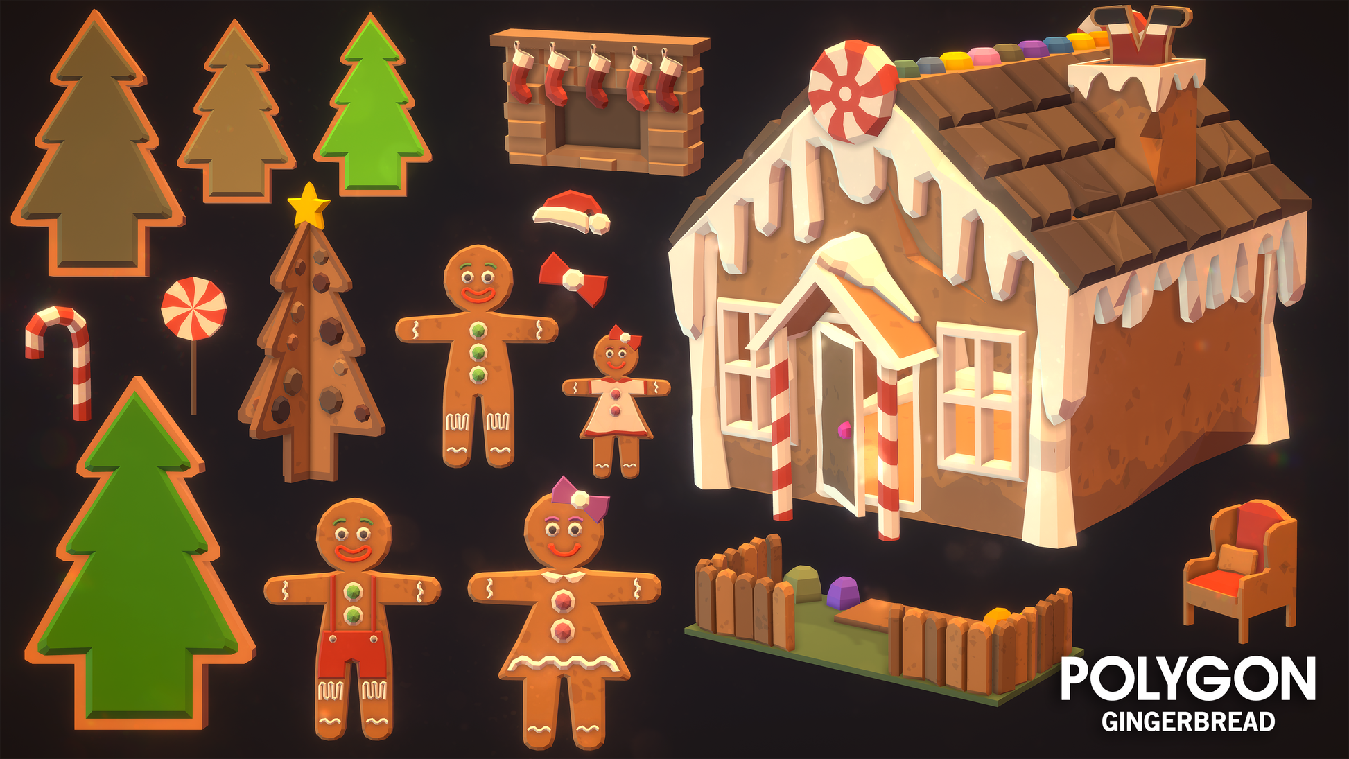POLYGON Gingerbread icons - assets included in the pack. gingerbread men, house, trees, fence, fireplace.