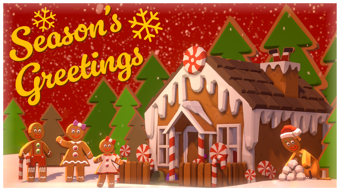 POLYGON Gingerbread icons - a postcard with a cute gingerbread family in a holiday setting