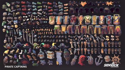 Collection of pirate-themed character assets and accessories on a dark background
