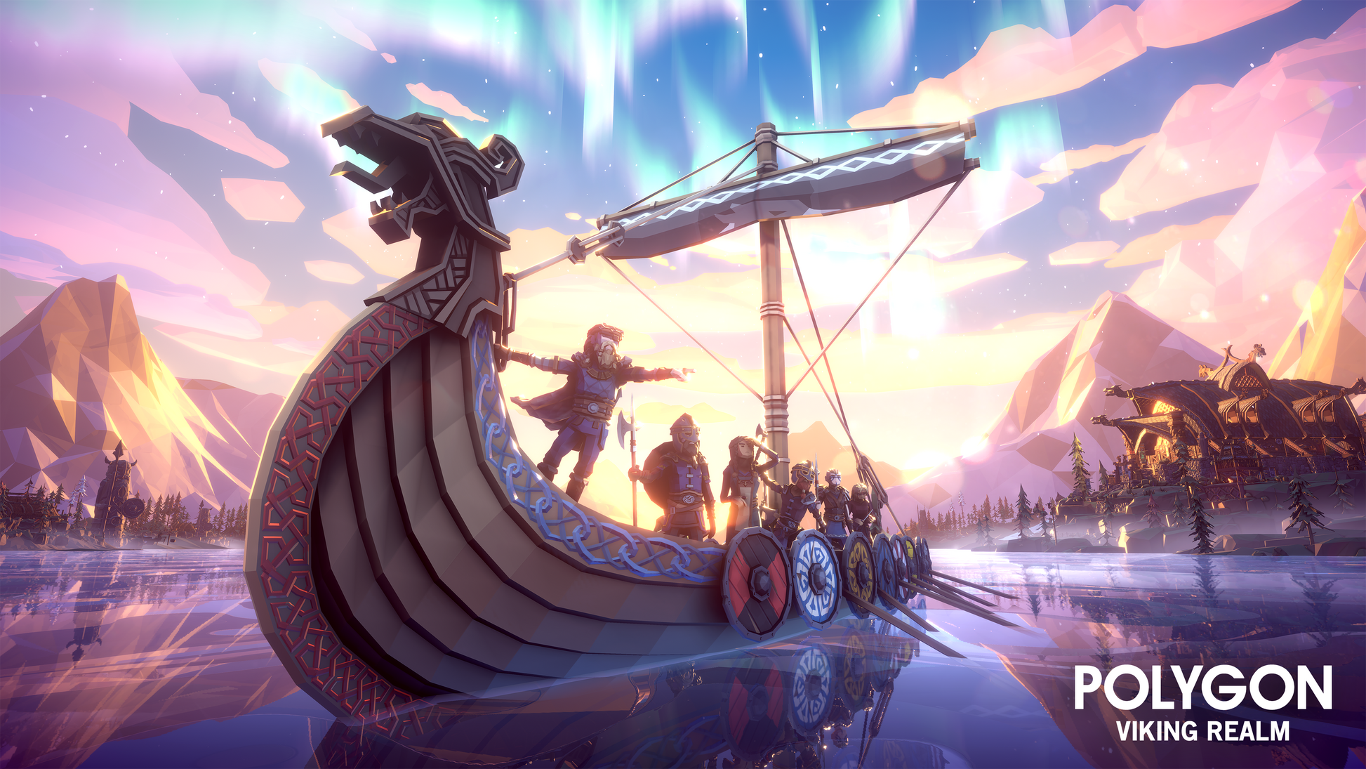 3D viking character assets standing on the deck of their longship