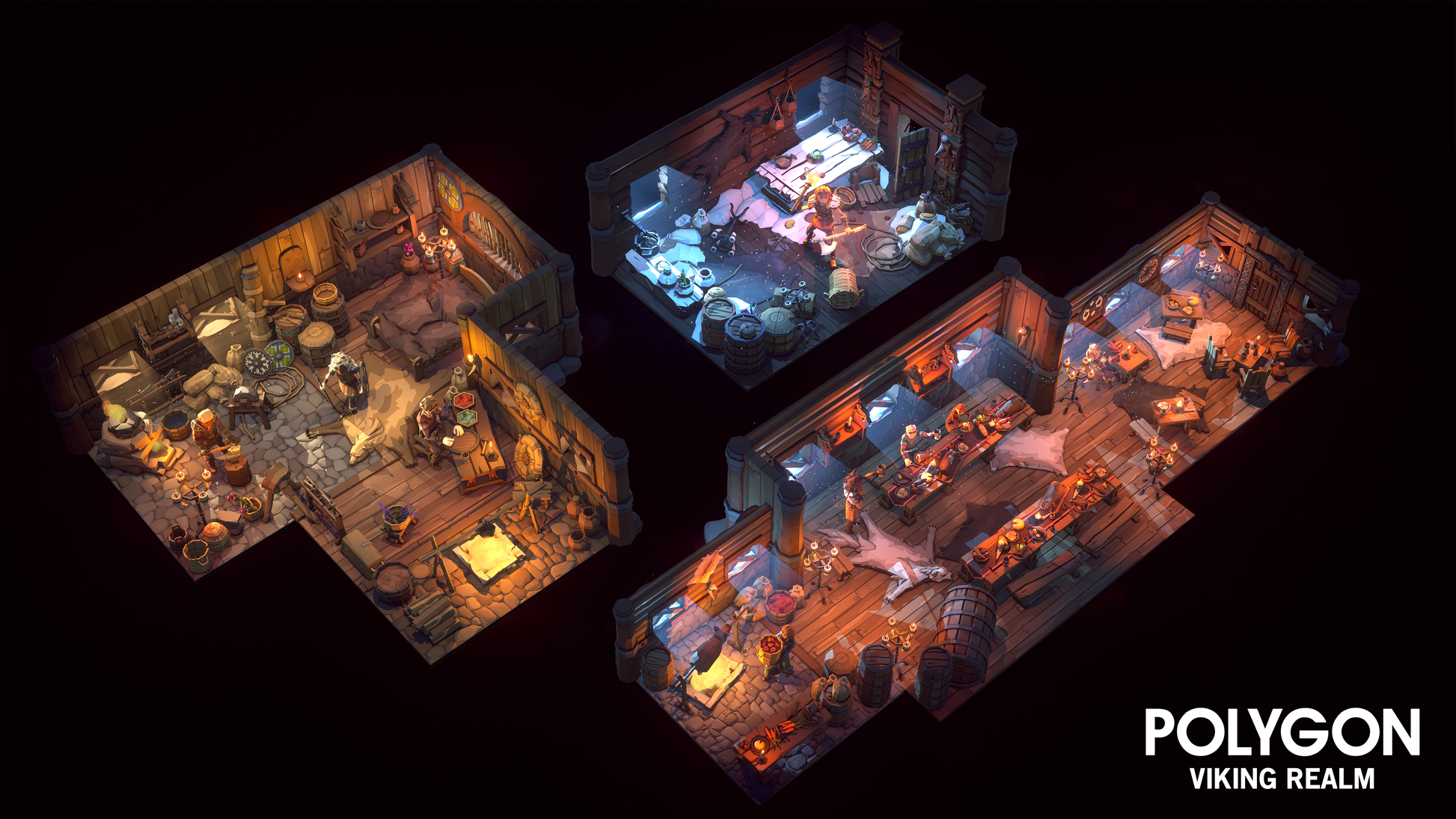 Three unique isometric views of a game level designed using Viking Realm 3D assets