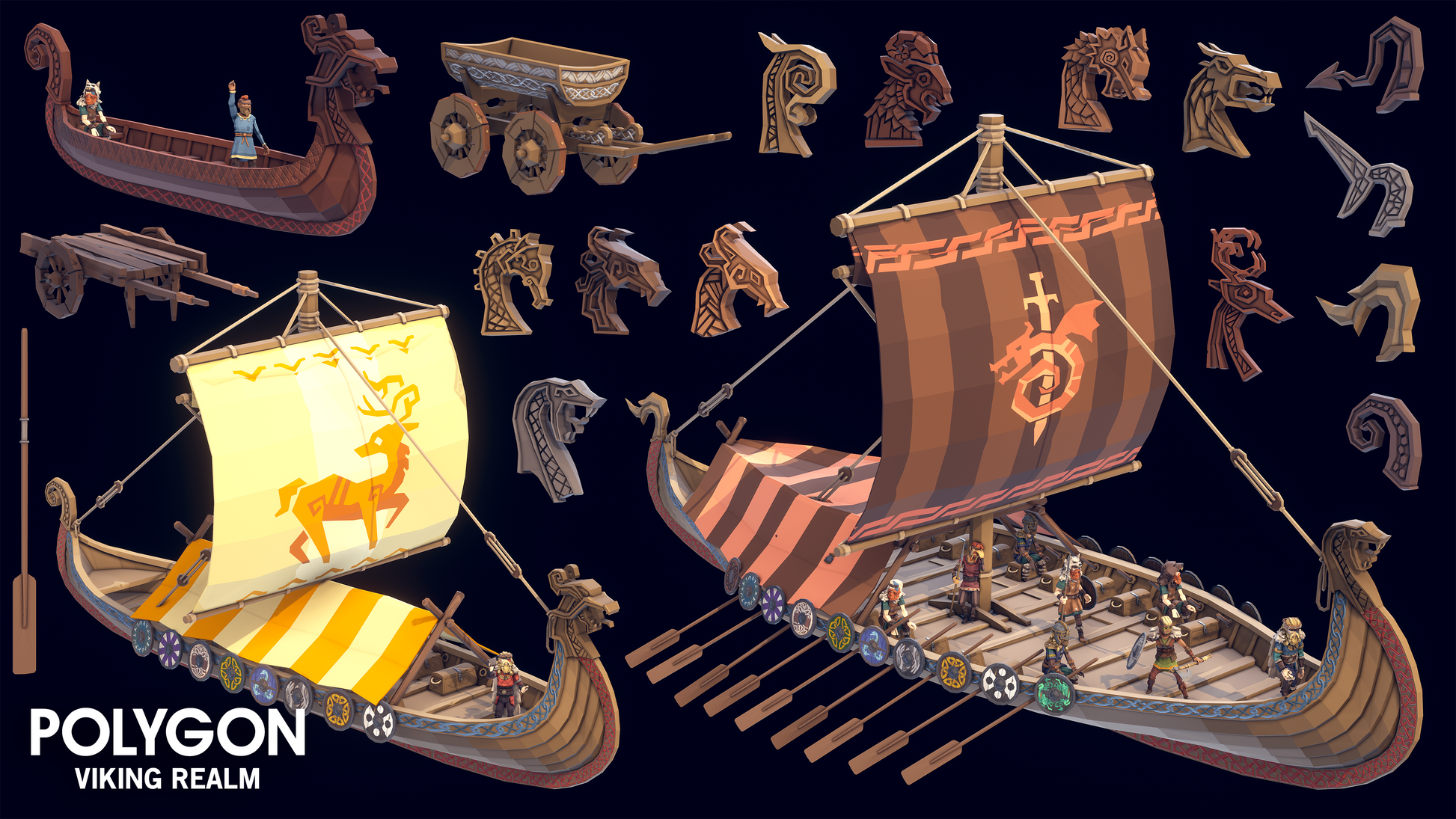 Modular low poly viking ship components, textures and props