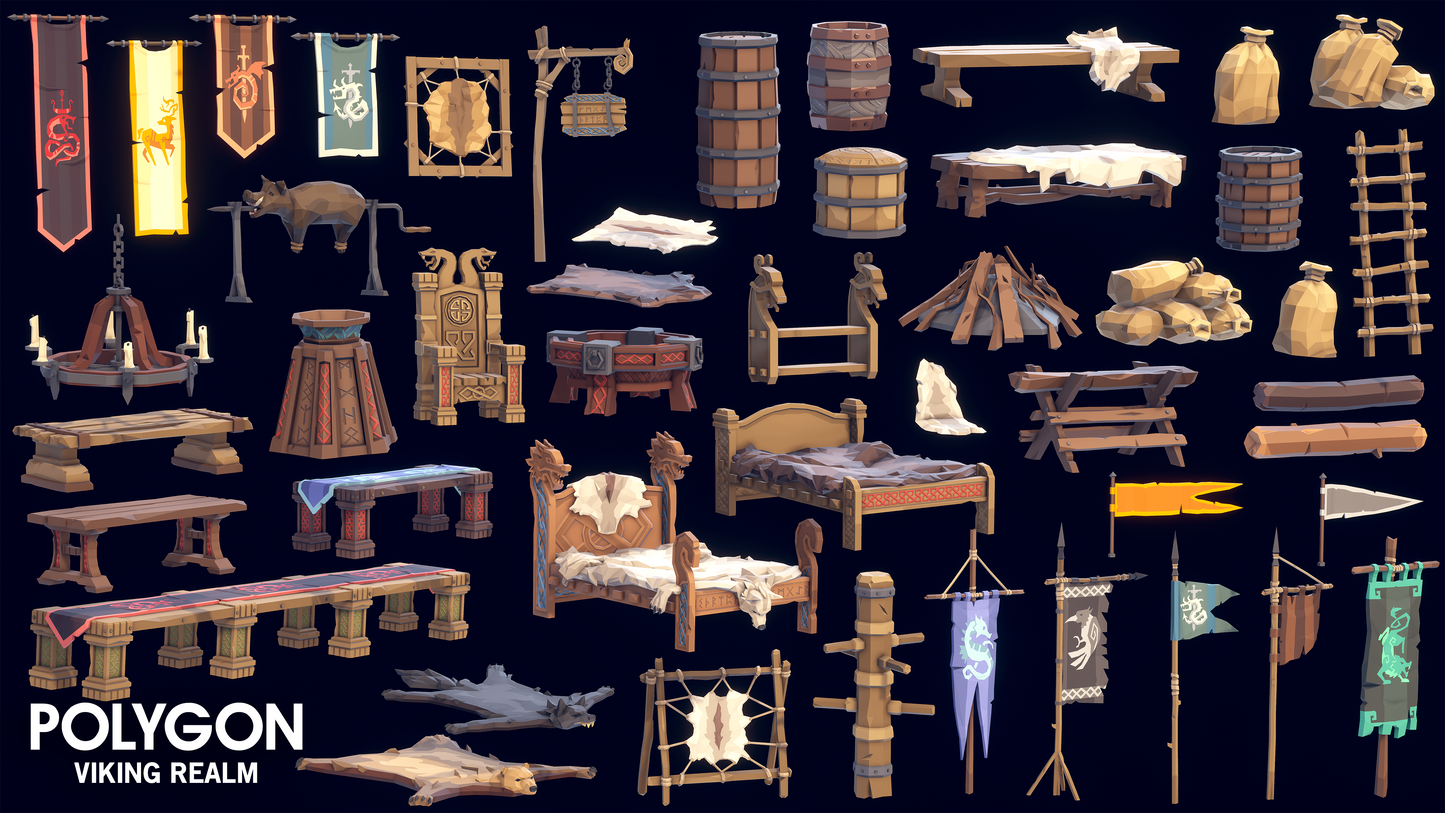 Viking Realm 3D asset pack props including banners, beds, seats, barrels, thrones, skinning posts and rugs for designing and decorating interiors