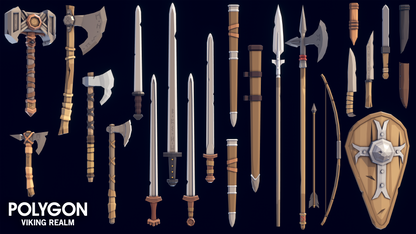 3D viking axes, shields, swords, polearms and knives