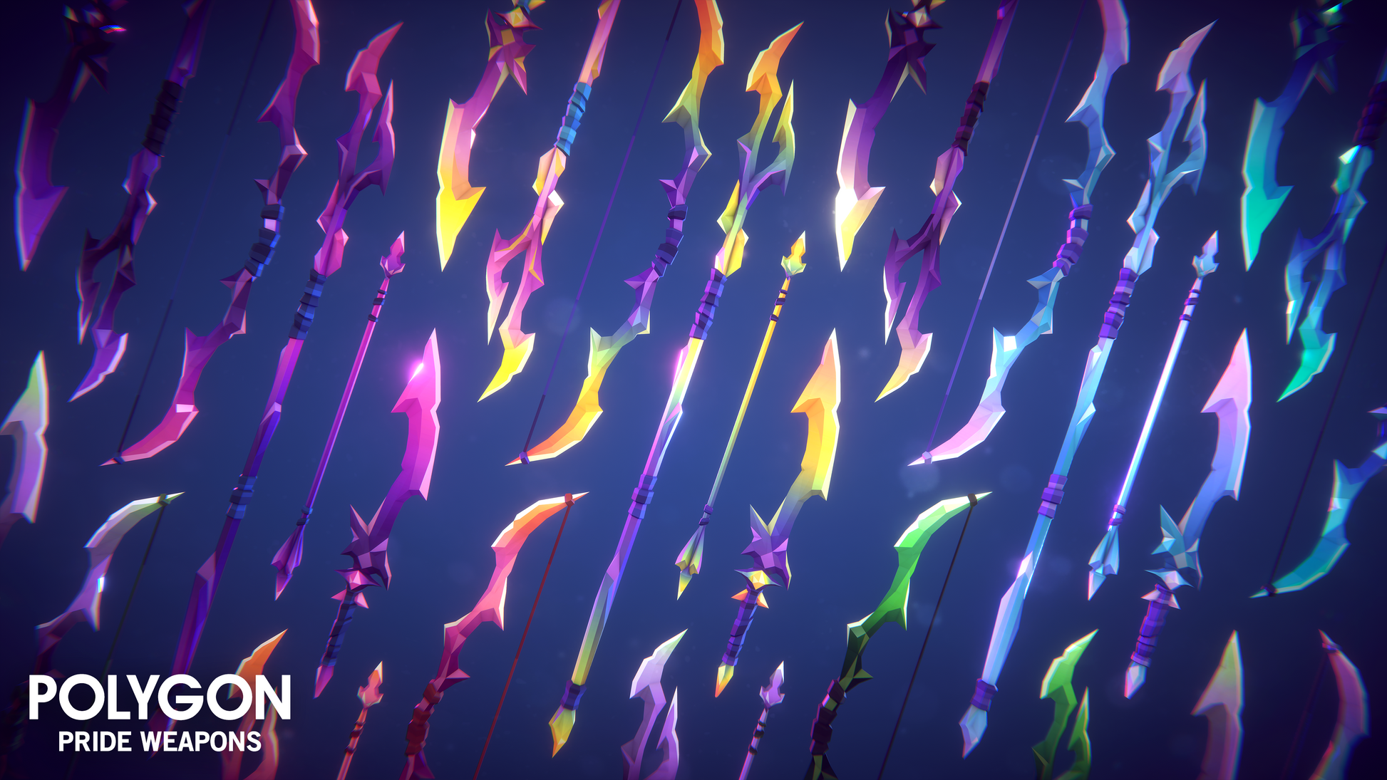 Crystal weapons background displaying the different colours and variations included in the free 3D asset pack