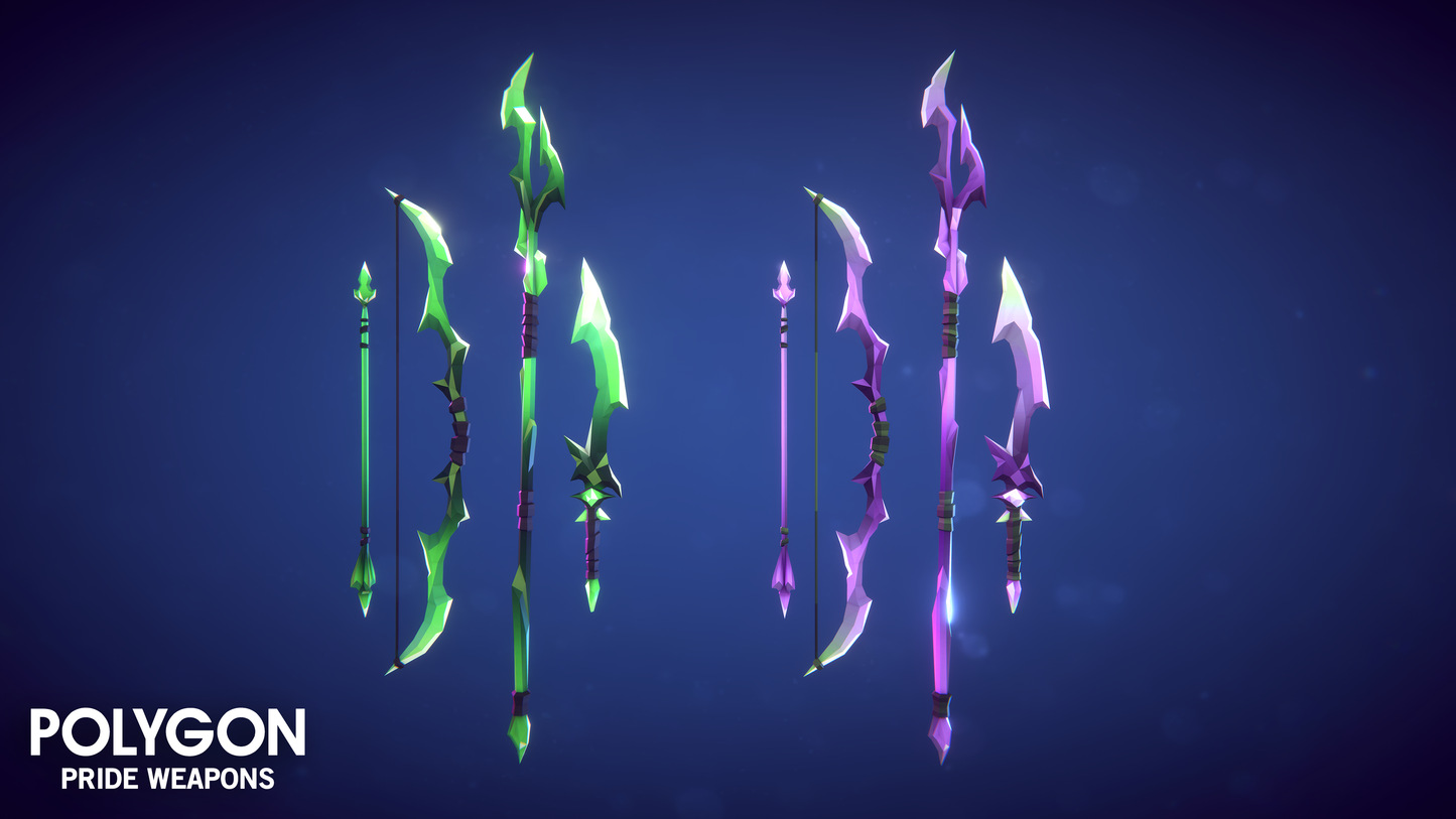 Two crystal weapon sets in green and purple colour from the POLYGON Pride Weapons game asset pack