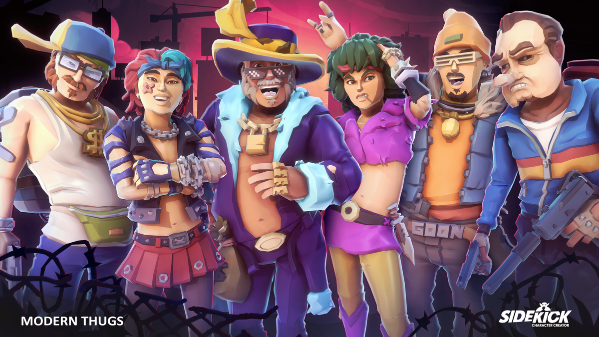 A group of five armed criminals standing together.