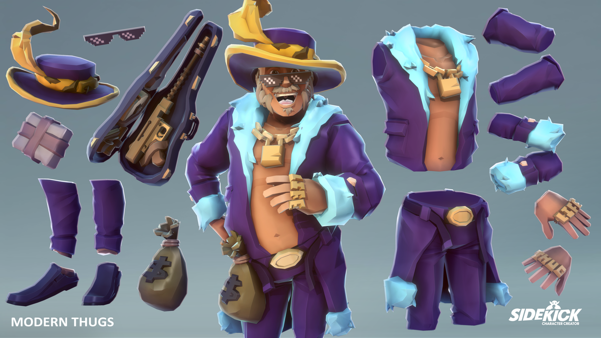 3D character model kit featuring a modern thug character with various interchangeable parts like a purple jacket, blue shirt, pants and accessories.