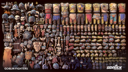 Collection of 3D goblin fighters accessories arranged in a pattern on a dark background