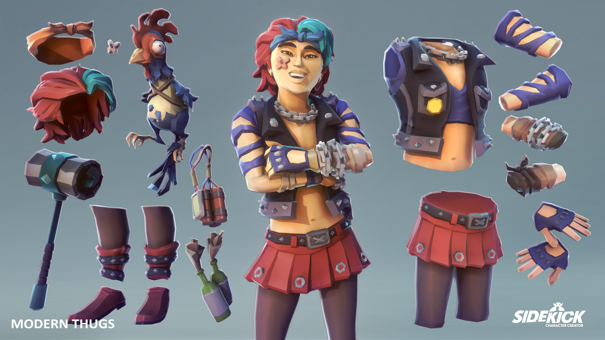 A 3D character showing a stylized female thug character with multiple floating outfit and accessory variations on a plain blue-gray background.