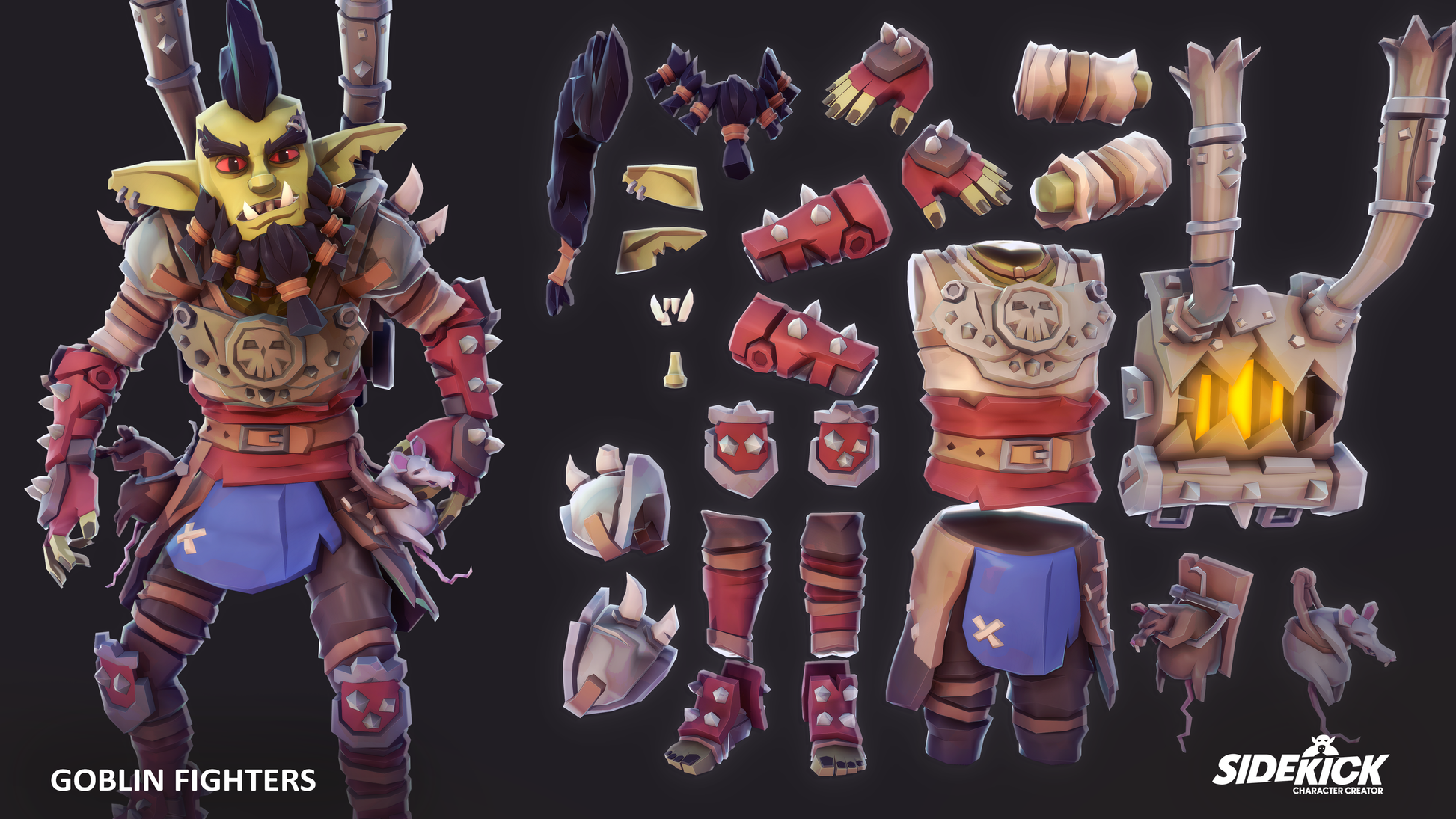 Goblin fighter animated character with customizable parts on a dark background, featuring the Sidekick logo.