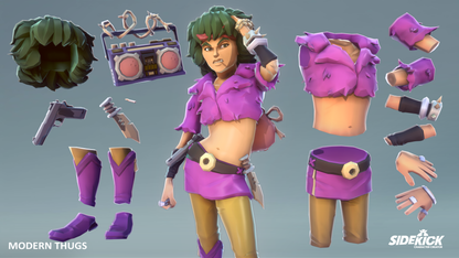 3D model render of a female modern thug character named with various detachable parts like a green leafy hat, a boombox, a pistol, knives and purple clothing.