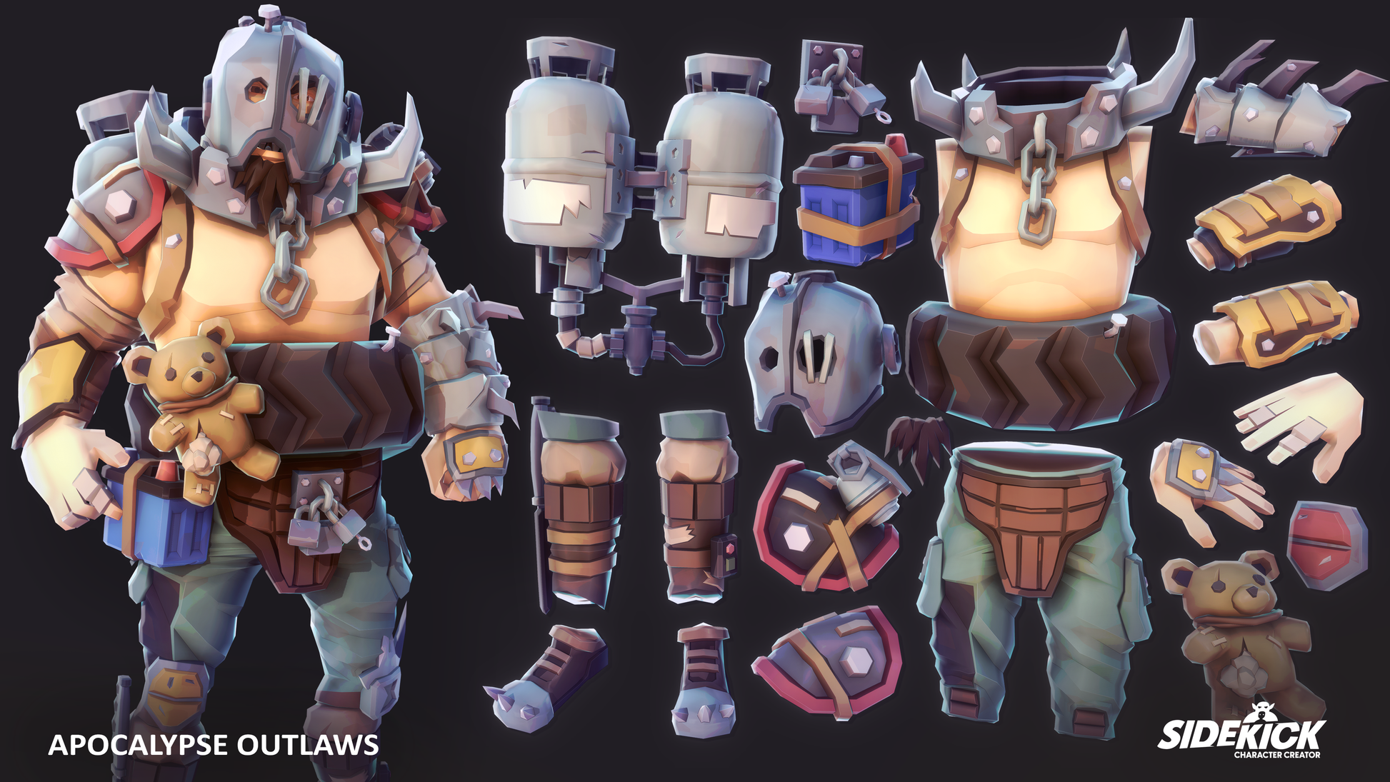Apocalypse outlaw character and interchangeable accessories from Apocalypse Outlaws 3D asset pack
