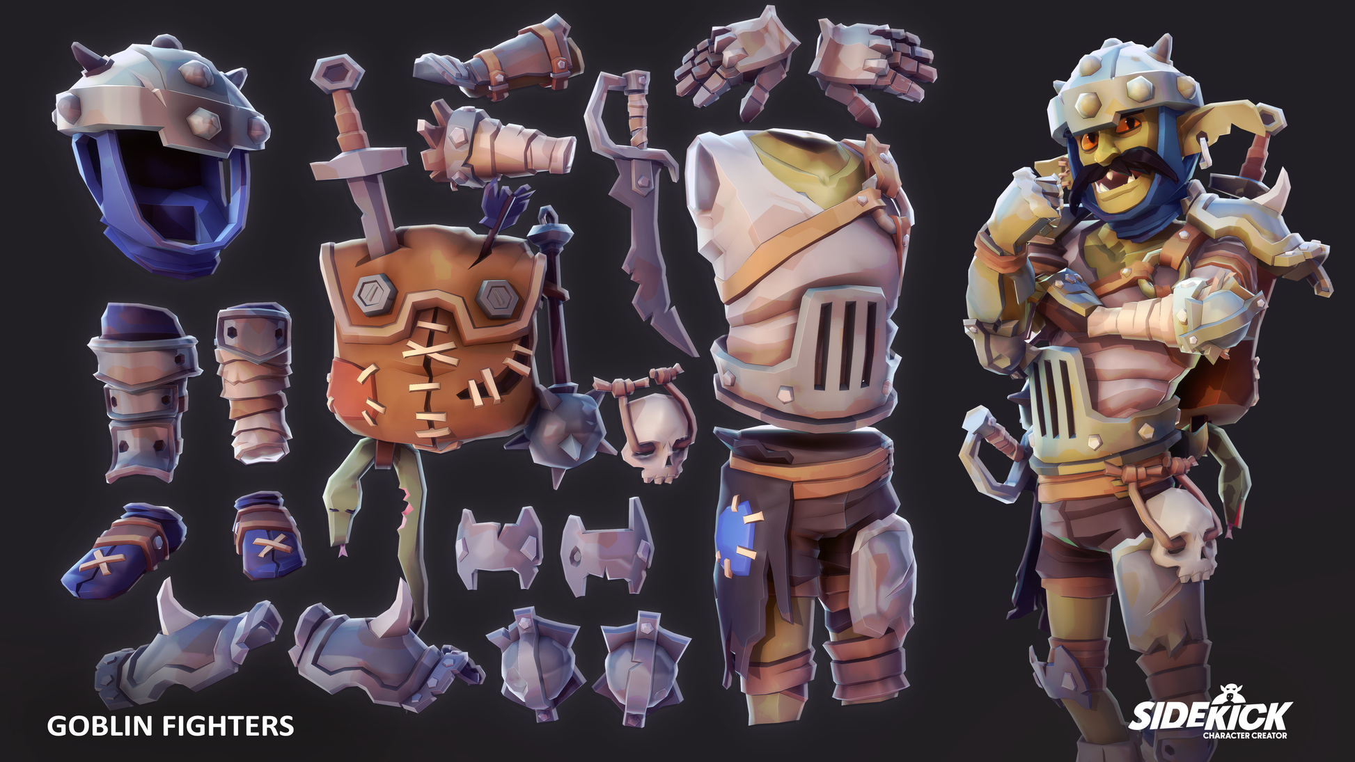 Goblin fighter armor pieces and full figure on a dark background with Sidekick branding.