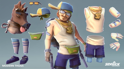 A stylized low-poly 3D character with a horse head mask, blue cap, gold chain necklace with dollar sign pendant, beige tank top, green pouch and blue shorts.