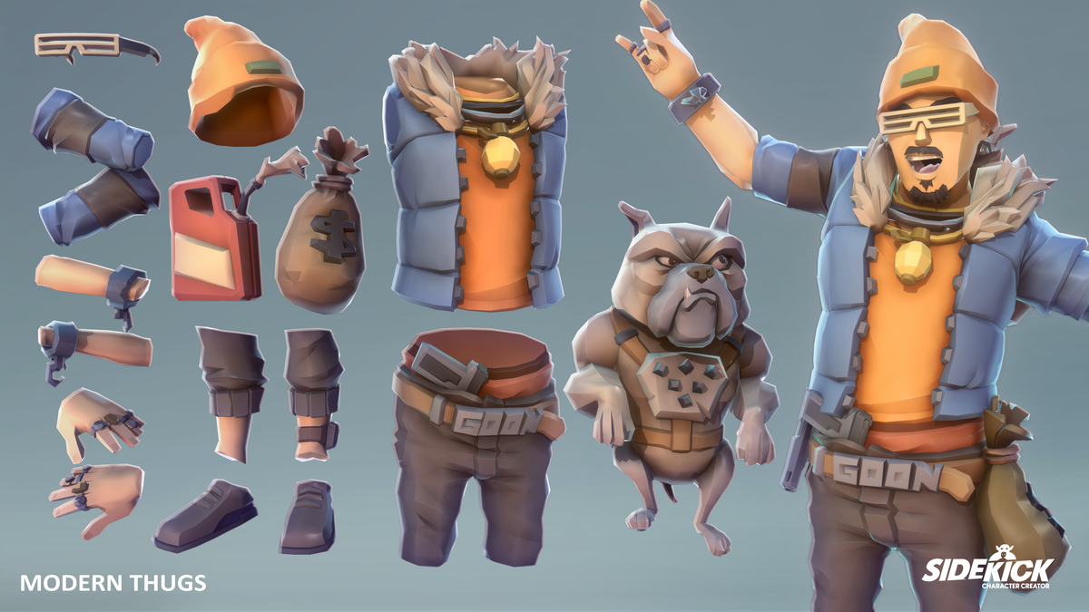 3D digital render of a modern thug character with multiple floating outfit and accessory components on the left, plus the assembled character on the right. The character wears an orange beanie, blue jacket, orange shirt, brown vest and grey pants with a bulldog companion.