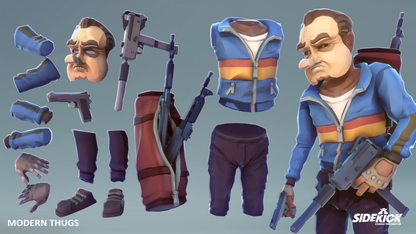 A low poly 3D character with multiple interchangeable parts including a blue jacket with orange and yellow stripes, blue vest, dark pants, boots, gloves, and accessories, plus a full-body rendered version on the right.