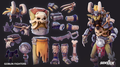 Collection of 3D goblin fighter accessories and armor pieces with Sidekick branding.
