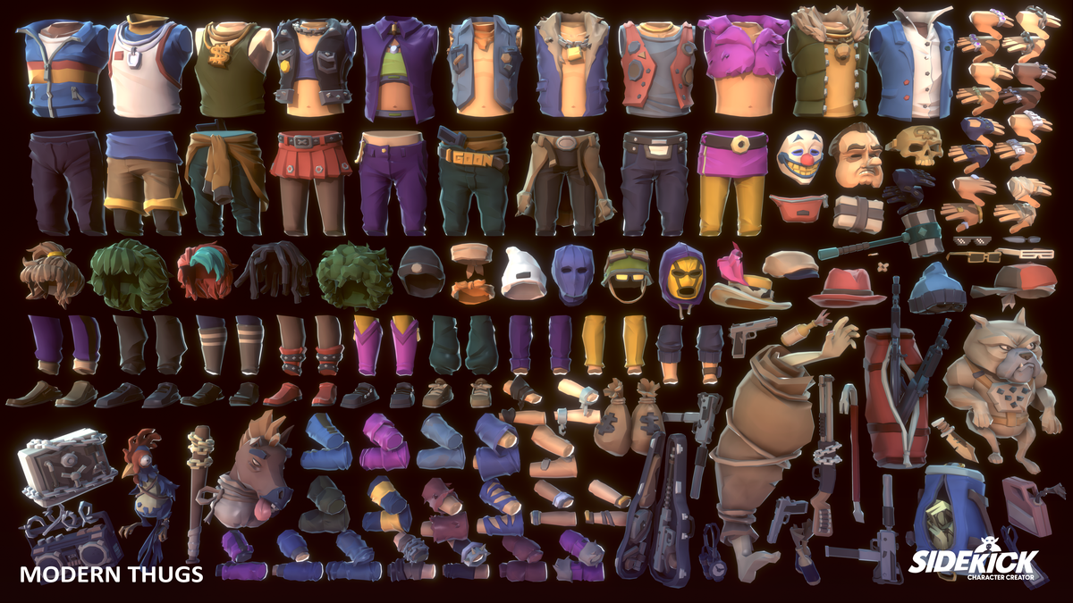 A comprehensive character customization display of numerous 3D model assets including clothing, accessories, and weapons for a video game character, set against a dark background.