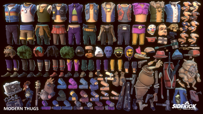 A comprehensive character customization display of numerous 3D model assets including clothing, accessories, and weapons for a video game character, set against a dark background.
