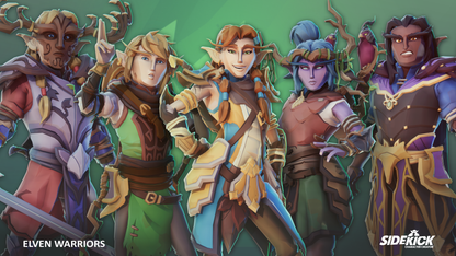 Five elven warriors in colorful costumes against a green background, with Sidekick character creator branding