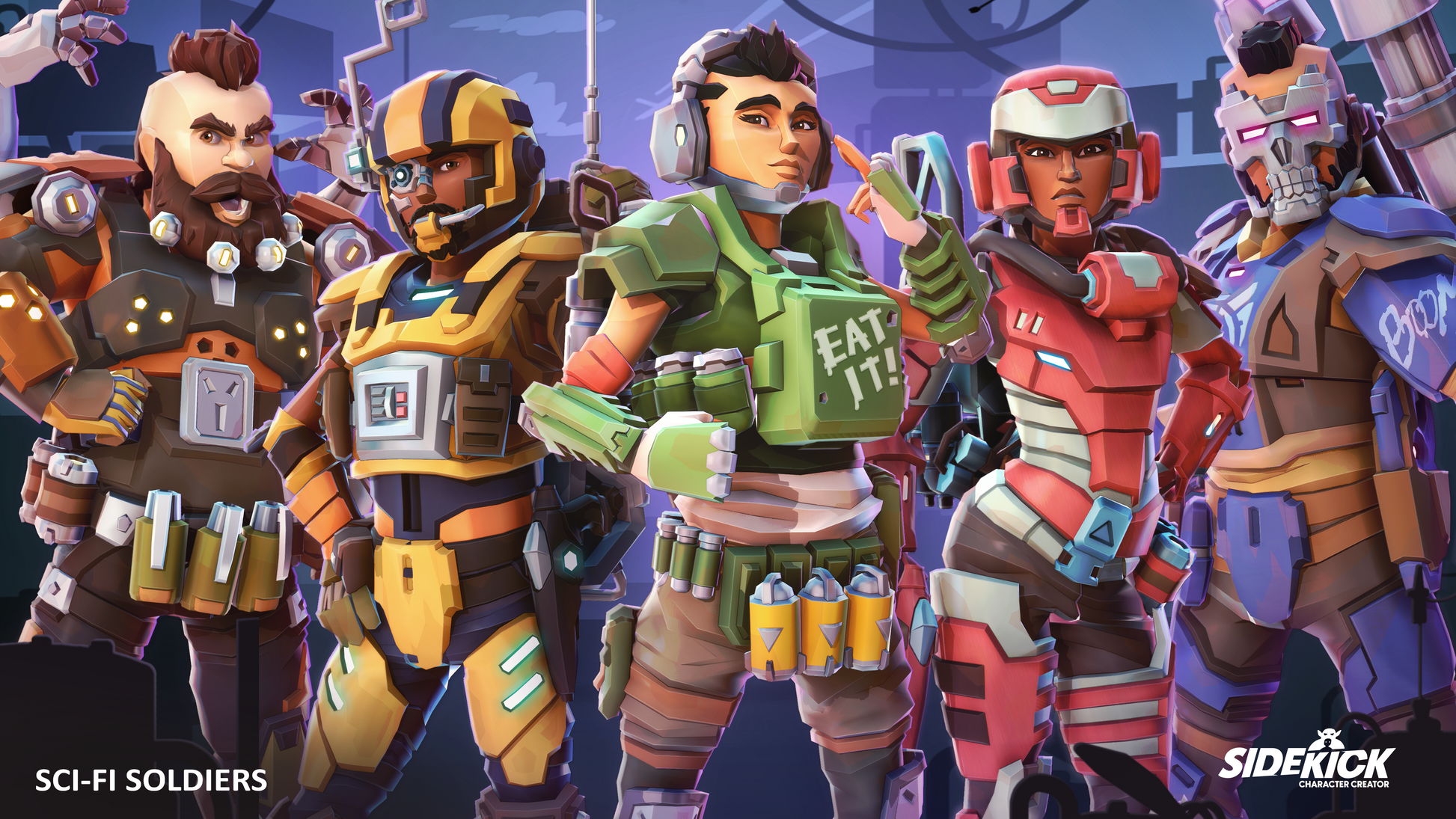 Animated sci-fi soldiers with unique outfits and weapons on a blue background