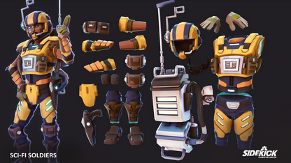 Modular sci-fi soldier suit with various parts on a black background, featuring the Sidekick logo.