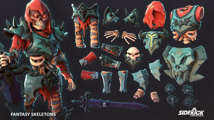 Fantasy skeleton character with customizable parts on a dark background, featuring Sidekick branding.
