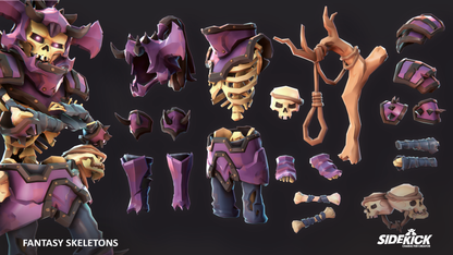 Collection of fantasy skeleton parts in a pink colour theme on a dark background with Siderick branding