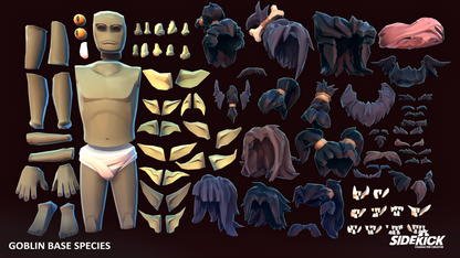 Goblin base species character parts on a dark background with Sidekick logo.