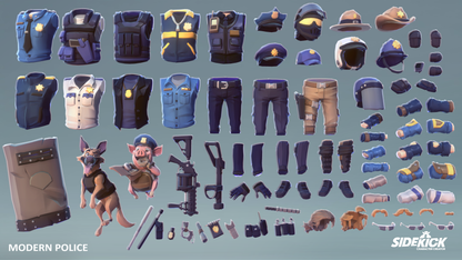 Collection of modern police gear and accessories on a grey background