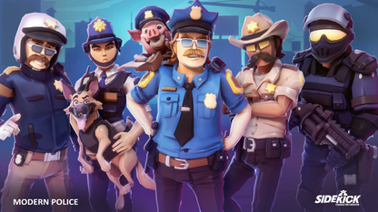 Collection of 3D police characters in various uniforms with a cityscape background