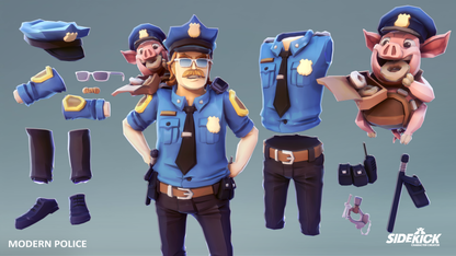 A 3D police officer and piglet with modular police uniform components on a grey background