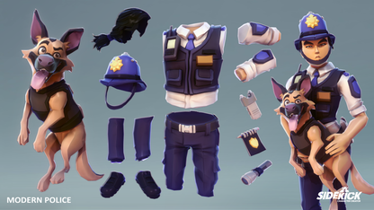 Collection of 3D accessories including a police dog and officer on a grey background.