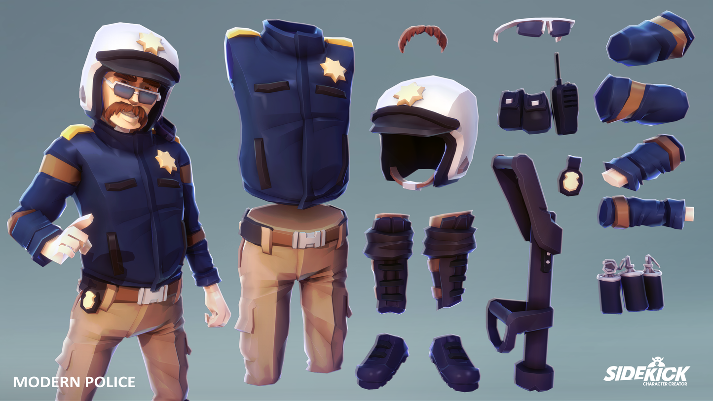 Modular 3D character figure set of a police officer with interchangeable parts on a grey background.