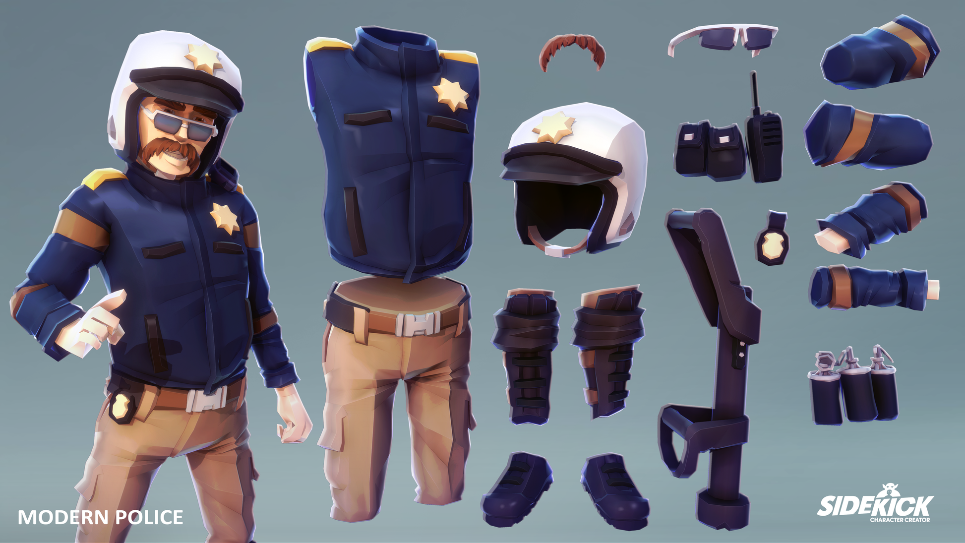 Modular 3D character figure set of a police officer with interchangeable parts on a grey background.