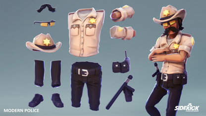 Collection of modern sheriff police costume pieces including a vest, sheriff's hat, boots and accessories on a gradient background.