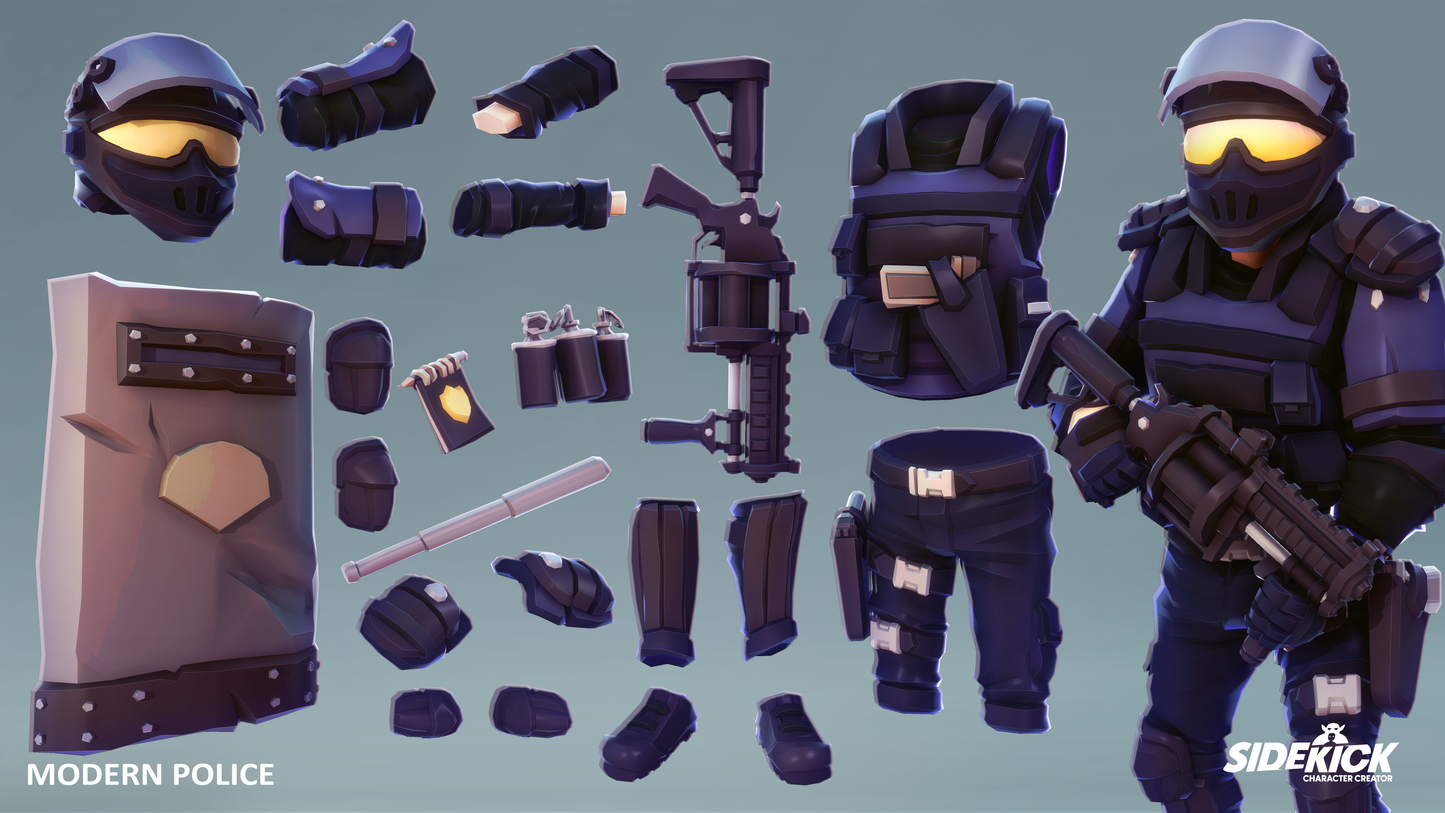 Collection of modern 3D police tactical gear including riot shields, tear gas launcher, batons, helmets and a character model on a grey background