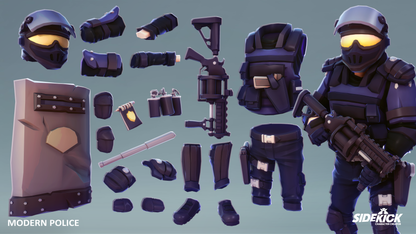 Collection of modern 3D police tactical gear including riot shields, tear gas launcher, batons, helmets and a character model on a grey background